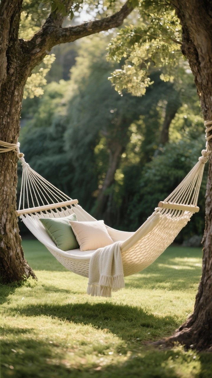 Wide outdoor shot: A luxe classic hammock strung between two mature trees in afternoon shade, hung so the lowest point is about 18 inches off the ground. The hammock is Brazilian-style, extra wide, cotton weave in ecru with an outdoor throw and two UV-safe pillows in sage and sand. Tree-friendly 2-inch-wide straps hug the trunks; no rope. The ground is soft grass with dappled light. Mood is small luxury resort, calm breeze, no people, photorealistic.