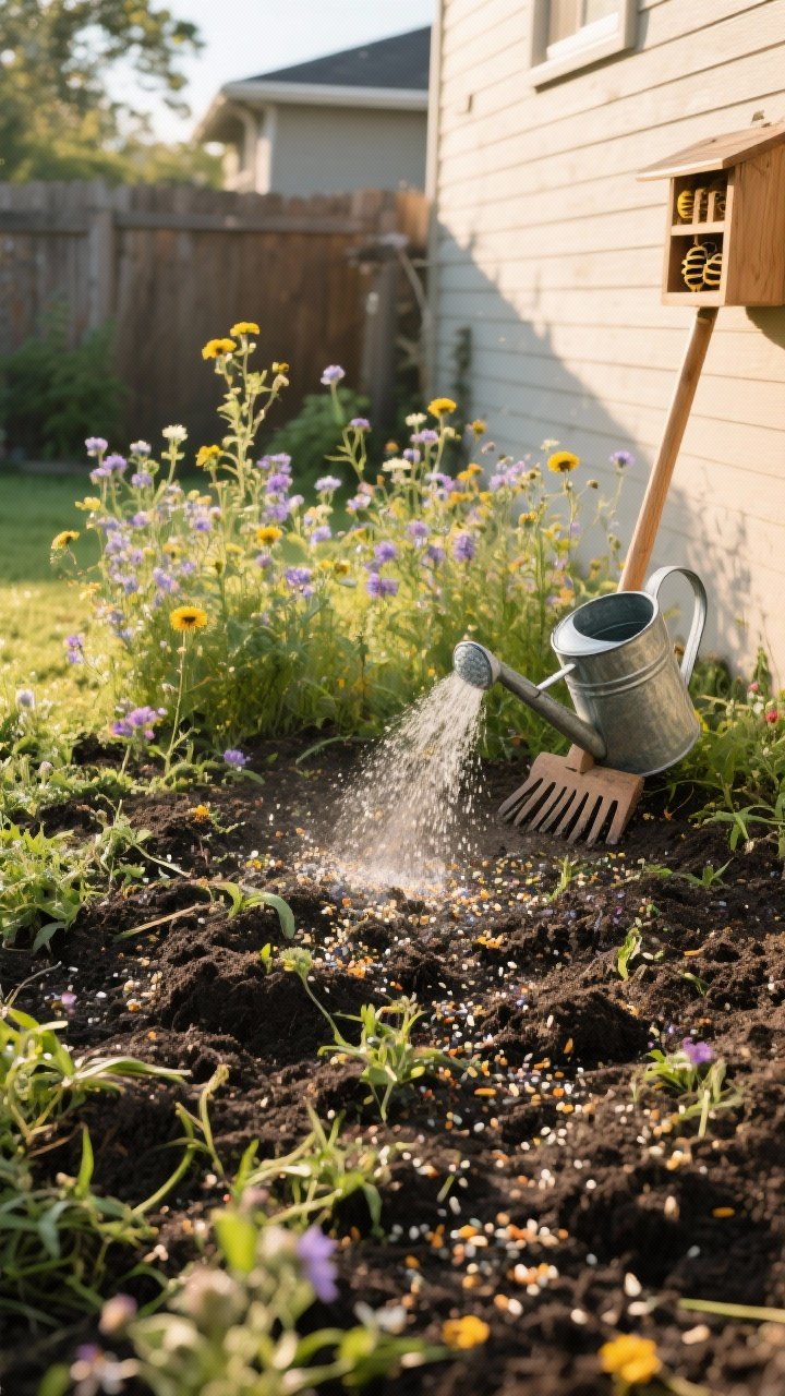 Wide outdoor shot of a weekend-only wildflower patch in a sunny backyard corner receiving over 6 hours of light: freshly raked, loosened dark soil with weeds removed, a light sprinkle of a region-appropriate wildflower seed mix visible on the surface, and a gentle watering can creating a fine mist. Include a simple wooden rake leaning nearby. Warm late-afternoon light, natural color palette, pollinator-friendly vibe with subtle bee hotel box in the background. Straight-on perspective.