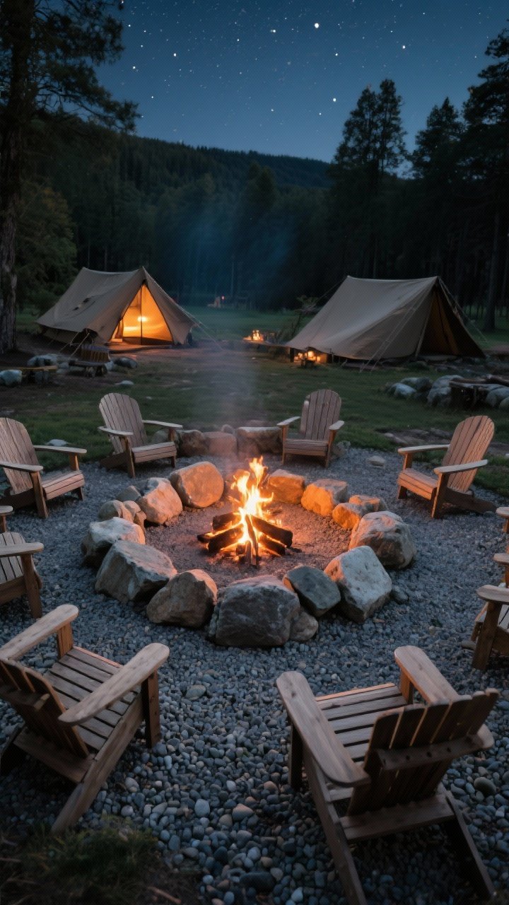 Wide overhead angle of a rustic natural stone fire ring built from locally sourced heat-safe rock, set within a broad surround of decomposed granite and pea gravel extending 6–8 feet, classic wood and poly lumber Adirondack chairs scattered around, ember-glow warmth bouncing off the stones, budget-friendly DIY vibe, no river rocks, crisp starlit night, photorealistic camp-style scene.