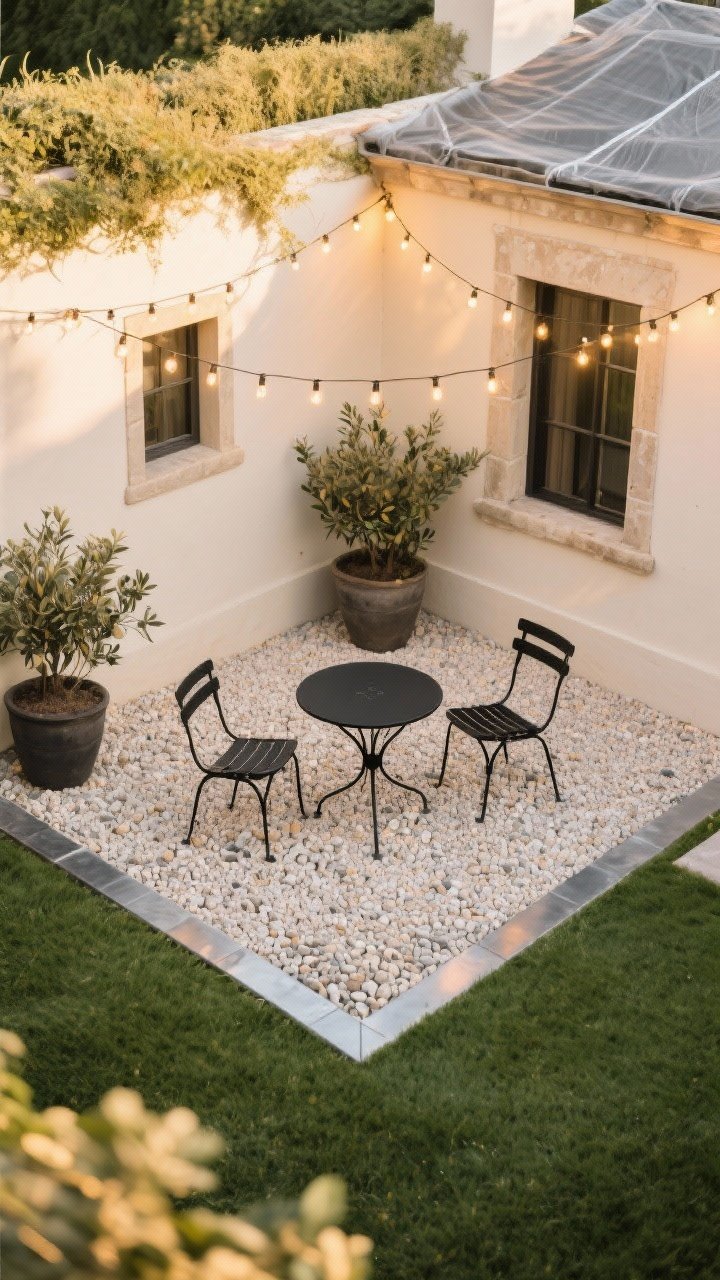 Wide overhead courtyard scene of a small “European villa” inspired gravel area: pale pea gravel framed by discreet metal edging so stones don’t spill into adjacent green lawn; a simple black metal bistro set with two chairs, two large planters with olive-toned foliage, and warm string lights zigzagged above; weed-barrier fabric slightly visible at an edge cutaway; late golden-hour lighting for cozy ambiance.