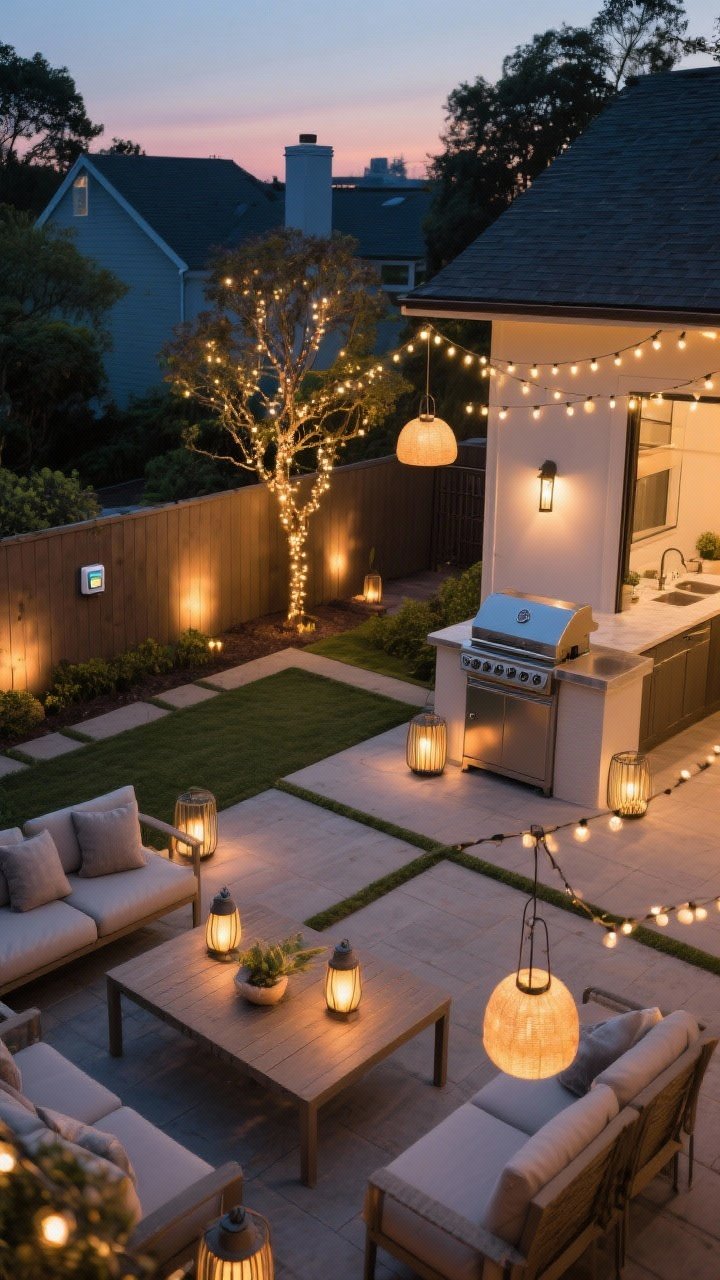 Wide overhead plan view: A zoned backyard at dusk mapped by light—ambient string lights over a lounge, pendants over the dining table, lanterns defining a conversation area; task lighting at the grill and a wall sconce near a prep counter; accent uplights on a feature tree and fairy lights along a fence; smart plug module discreetly near an outlet to imply scene control; evenly matched warm color temperature across all sources.