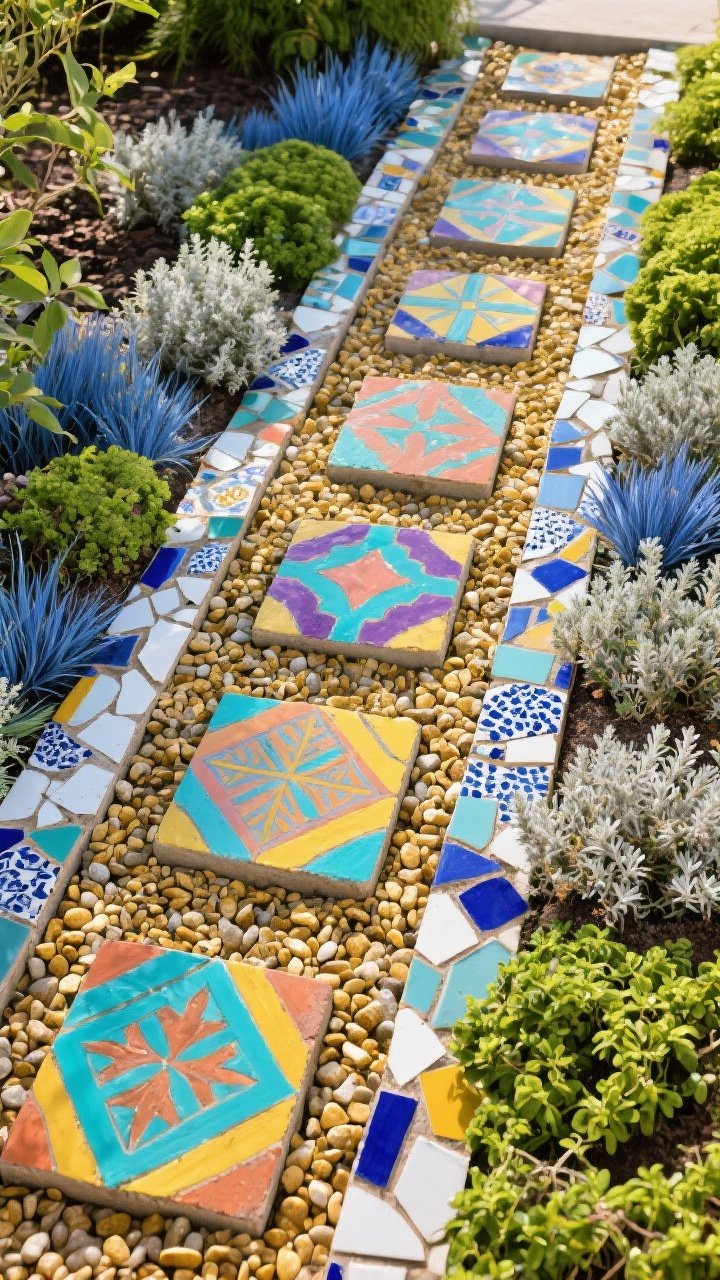 Wide overhead shot of a bold garden path composed of painted masonry stepping stones stenciled with geometric patterns in jewel tones, bordered by a DIY mosaic strip of broken ceramic tiles; warm gold pea gravel filling the gaps; edges lined with silver thyme, blue fescue, and neon creeping Jenny to amplify contrast; bright, even daylight; textures of gravel, tile, and plants clearly rendered.