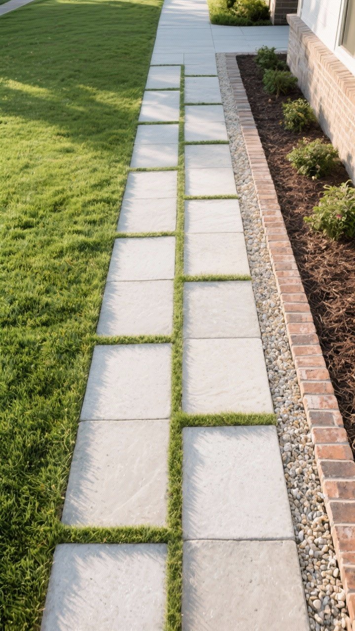 Wide pathway shot from a slight corner angle: oversized square concrete-look pavers set into trimmed green turf with consistent 2–3 inch gaps, path width at least 36 inches; alternate segment shows stepping stones set in light gravel edging to demonstrate budget-friendly mix; classic soldier-course bricks line a mulch side path; clean, intentional geometry; late afternoon light with gentle shadows.
