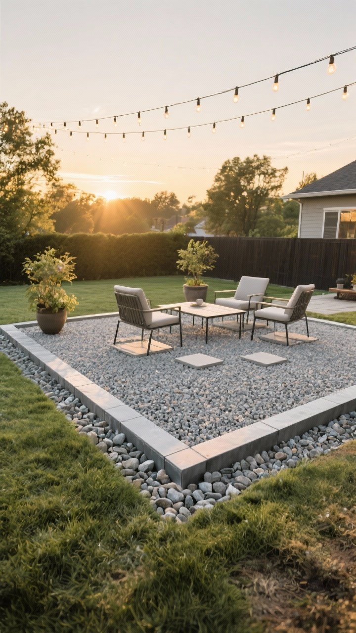 Wide patio scene of a weekend-built gravel patio: rectangular area framed with slim steel edging, grass neatly removed; compacted base layer of 3/4" minus crushed stone visible at the edge transition, topped with a smooth, raked layer of decomposed granite; contemporary outdoor furniture with wide legs sits stable, with small square paver pads under chair feet; string lights overhead just turning on at golden hour; a couple of potted plants add softness; permeable surface texture clearly seen; no people.