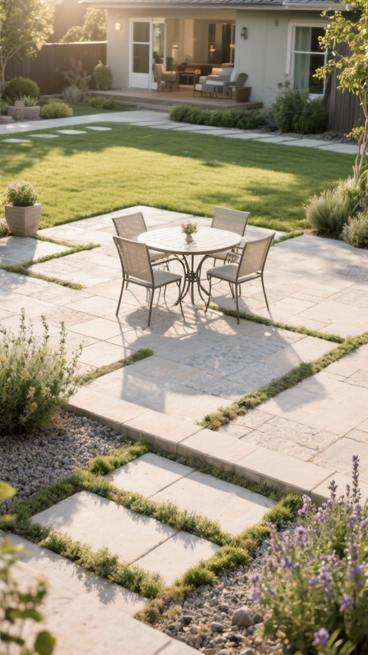 Wide patio scene that shrinks the mow zone: decomposed granite patio with bistro table, large-format light-colored pavers set with creeping thyme joints, and stepping stone ribbons through low groundcovers; minimal remaining lawn; clean compaction and level surfaces; light-colored materials to reduce heat; warm morning light, inviting outdoor “room” feel, no people.