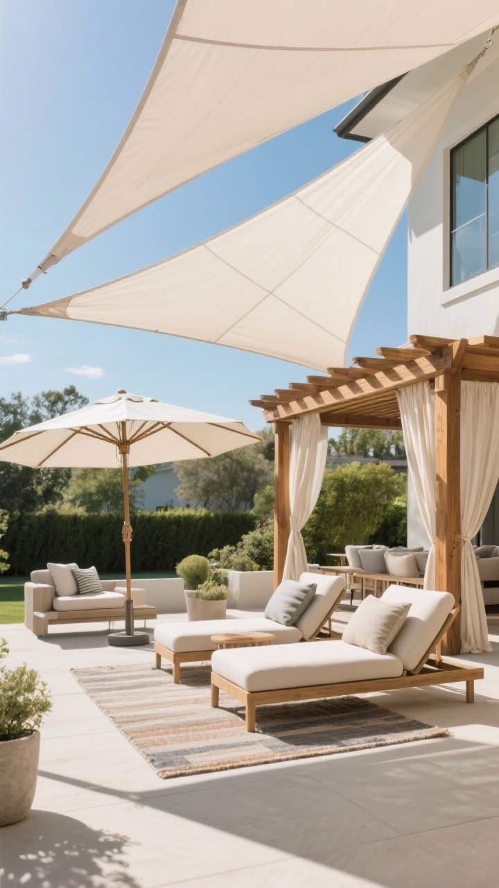Wide patio shot: Custom-looking shade solutions—retractable shade sails with crisp modern lines stretched over part of the seating area, an offset cantilever umbrella angled to cover a chaise pair, and a wood pergola with flowing light drapes for privacy; fabrics in light, UV-stable neutrals that echo cushion and rug colors; bright midday sun filtered into comfortable shade, photorealistic.