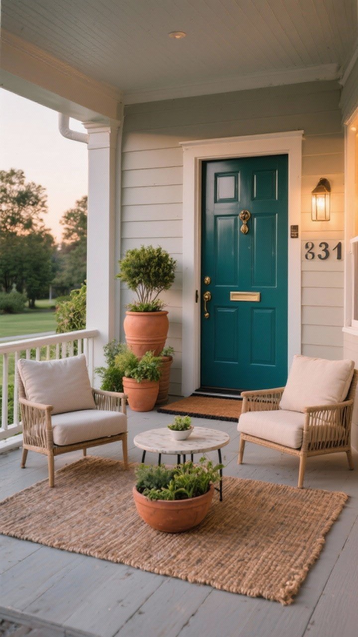 Wide porch scene, corner angle: A styled outdoor living room vibe on a front porch—two comfy chairs with neutral cushions facing a small bistro table, an outdoor-safe rug properly sized to anchor the seating, layered planters in three heights (tall urn, medium terracotta, low bowl) with lush greenery; a fresh doormat, new modern house numbers, and a tasteful door knocker; the front door painted a glossy deep teal for a statement; warm, soft evening light for an inviting mood, no people.