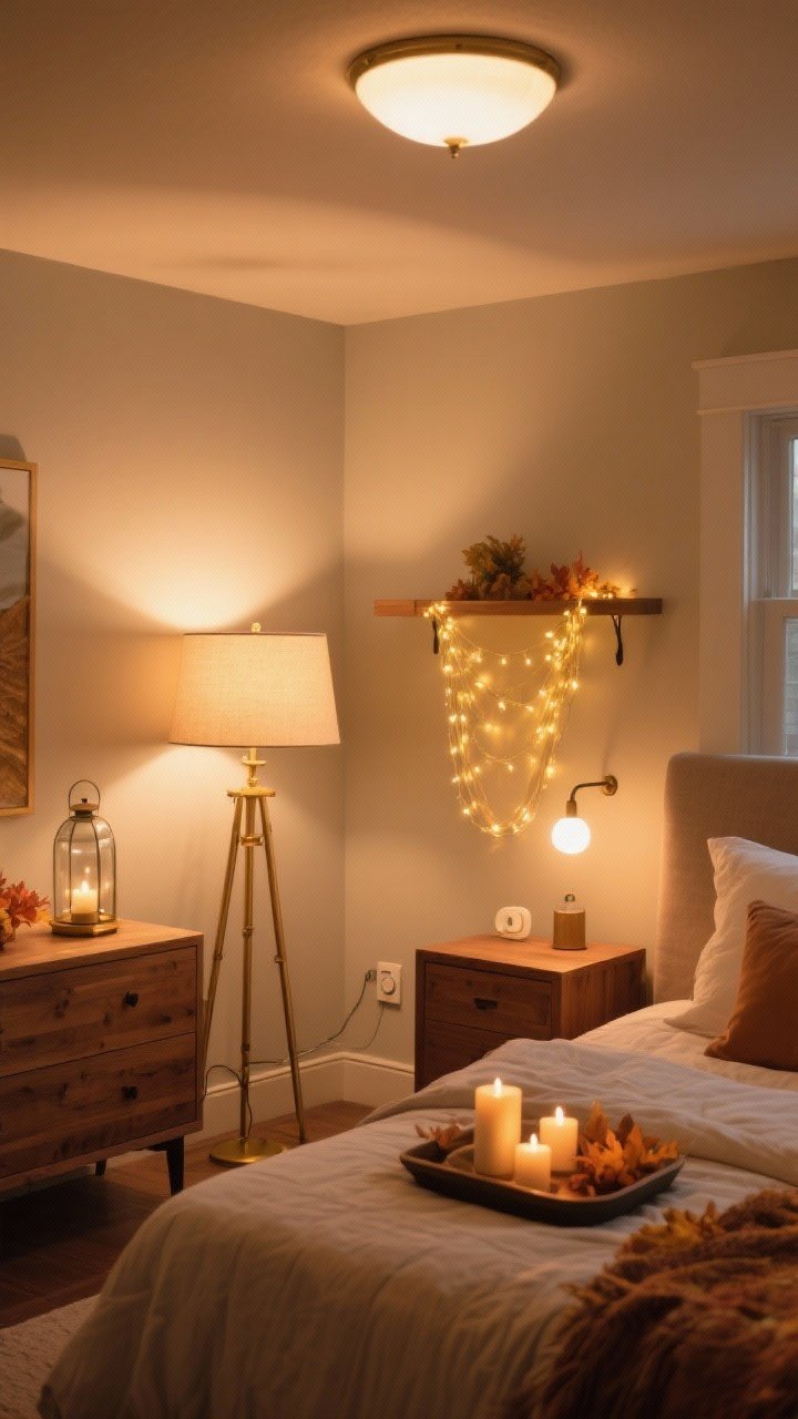Wide room shot: A fall-ready bedroom lit like a cozy movie scene with layered lighting—warm white bulbs at 2200–2700K. A shaded bedside table lamp glows softly, a brass floor lamp adds a secondary pool of light, and a tiny accent light on a dresser provides a subtle highlight. Candles or LED tapers flicker on a tray; a glass lantern on a shelf contains a draped fairy light strand for gentle golden twinkle. Lamps connected to smart plugs/dimmers (visible dimmer knob). Overhead light off. Overall warm, amber ambiance with gentle shadows; neutral bedding and wood accents keep focus on lighting; no people.