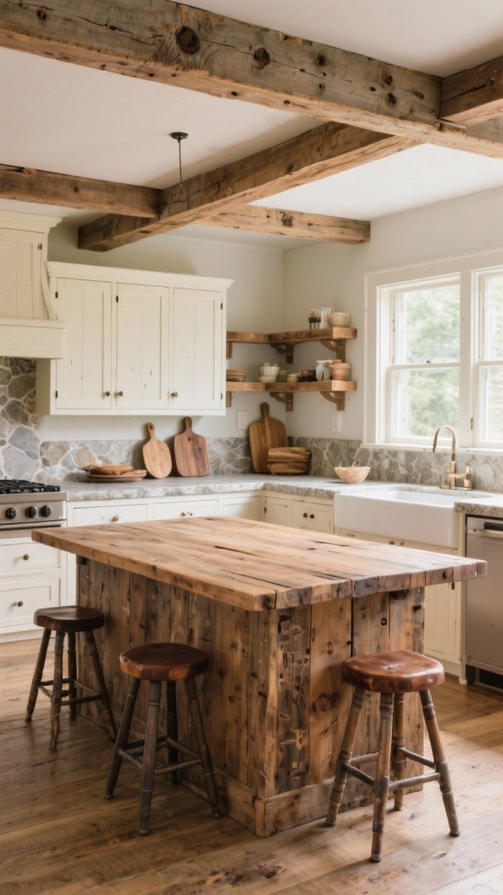 Wide room shot: A farmhouse kitchen showcasing mixed wood tones with a weathered oak island topped with butcher block, surrounded by soft-painted shaker cabinets in creamy white with stone countertops on the perimeter. Include open wood shelves holding cutting boards and stools with walnut seats, plus reclaimed pine accents visible in a beam or shelf. Embrace imperfections—visible knots, grain, and light dings in the wood. Straight-on view, natural daylight from a window, warm and cozy mood, no people, photorealistic.
