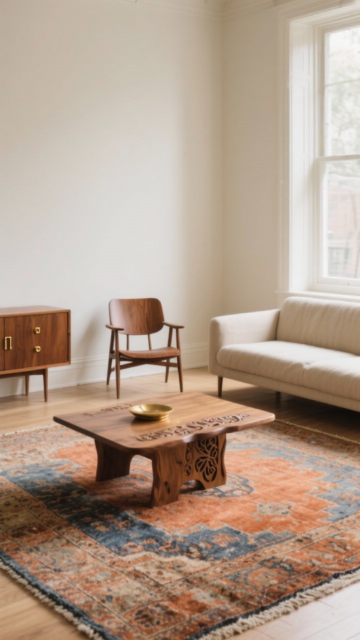 Wide room shot: A photorealistic living room anchored by a carved solid-wood coffee table and a faded Persian rug with terracotta and indigo threads, grounded by a simple neutral linen sofa and streamlined mid-century chairs in warm walnut. Include a single mid-century credenza in real wood with understated brass hardware, matte cream walls, and natural light from a large window. Emphasize quality materials—solid wood, real brass accents, wool rug, linen upholstery. Keep composition balanced with only two hero pieces (the rug and the coffee table), clean lines elsewhere, and subtle patina. Straight-on view, soft daylight, no clutter.