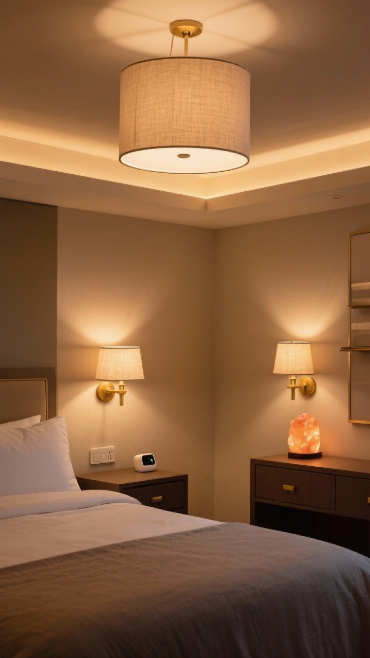 Wide room shot capturing layered warm lighting for instant hotel vibes: a bedroom with all cool bulbs replaced by 2700K LED, showing ambient light via a ceiling fixture with a fabric drum shade, task light from matching bedside lamps with linen shades (or plug-in brass sconces above each nightstand), and accent light from a tiny table lamp on the dresser plus a salt lamp glowing softly on a shelf. Include a smart plug hub discreetly on the nightstand. Warm golden illumination with dimmed levels, zero harsh glare, evening mood, corner angle perspective, no people.