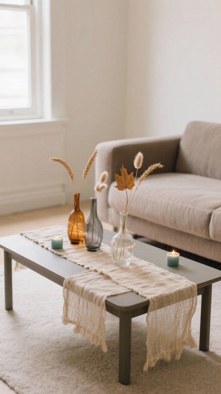 Wide room shot from a corner angle: a narrow linen/gauze runner in oat laid down the center of a rectangular coffee table. Along the runner, three to five tiny bud vases in mismatched shapes but coordinated tones (amber, smoke, clear) each hold a single clipped stem—dried wheat, bunny tails, or a single maple leaf—creating a light, airy line. A couple of tealights are slipped between vases for gentle glow. Palette: taupe, cream, warm glass tones. Bright but soft natural light, uncluttered small-space vibe, low sightline preserved. No people, photorealistic.