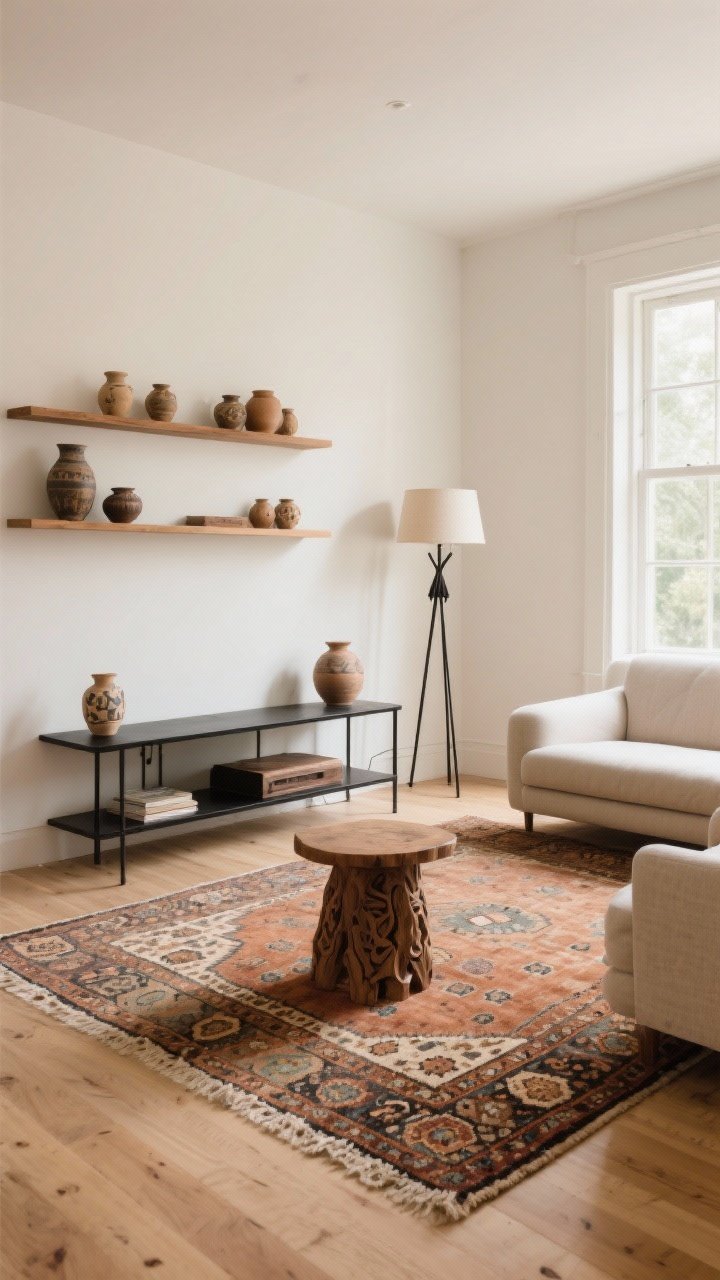 Wide room shot mixing clean-lined staples with soulful vintage finds: a minimal modern sofa and slim black-metal media console paired with a statement vintage Moroccan rug anchoring the space, a carved wood side table, and thrifted pottery on open shelves. Keep surrounding lines simple and uncluttered to let the vintage rug be the star. Include quality lighting as a splurge—a distinctive floor lamp with a simple silhouette. Palette stays warm neutral with wood tones and touches of clay and oat. Soft, even daylight from large windows, no harsh reflections. No people.