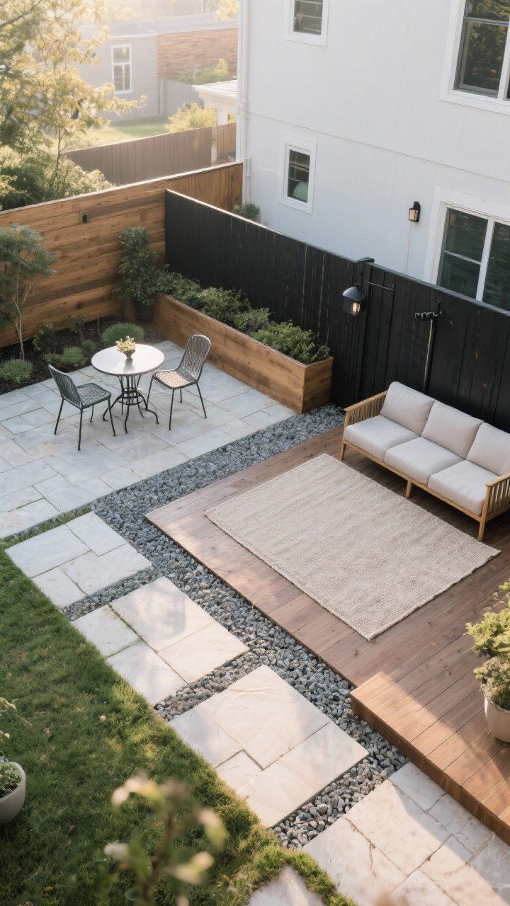 Wide shot: A 200-square-foot backyard zoned into two areas—left side bistro dining nook on pale stone pavers with a small round metal table and two chairs, right side lounge corner on a 5x7 weatherproof neutral rug with a compact loveseat; subtle material change from gravel to decking separates zones; cohesive palette of wood, stone, and black metal repeated across both areas; soft morning light, overhead-oblique perspective to clearly read the distinct “rooms.”