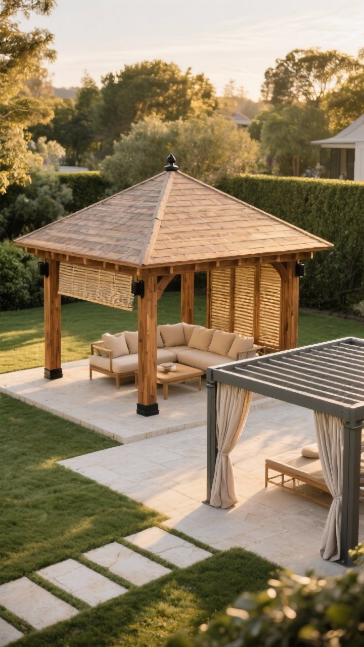 Wide shot: A backyard anchored by a statement cabana structure as the centerpiece—a classic four-post frame in warm teak with a pitched roof, set on a light stone patio. Optional variant in a second frame nearby: a flat-roof aluminum pergola with flowing curtains for a boutique hotel feel. Include clear 3-foot walking paths around the structure. Subtle louvered roof panels partially open for sun control. Color palette: natural teak, matte black hardware, sand cushions. Golden late-afternoon light, resort-calm mood, no people.