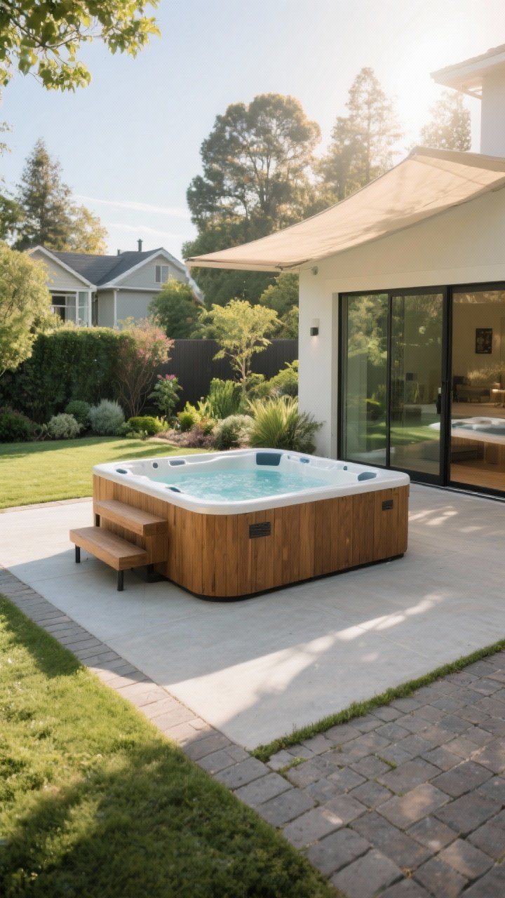 Wide shot: A backyard hot tub positioned 12–15 feet from a modern sliding glass door, angled to face a lush garden and distant trees rather than the neighbor’s house; morning sun with soft shadows, partial afternoon shade from a light canopy; set on a perfectly level, reinforced concrete pad bordered by large pavers; clear 3–4 feet of open space around all edges for access; clean traffic flow path from door to tub; natural colors with warm wood accents and greenery; photorealistic, no people.