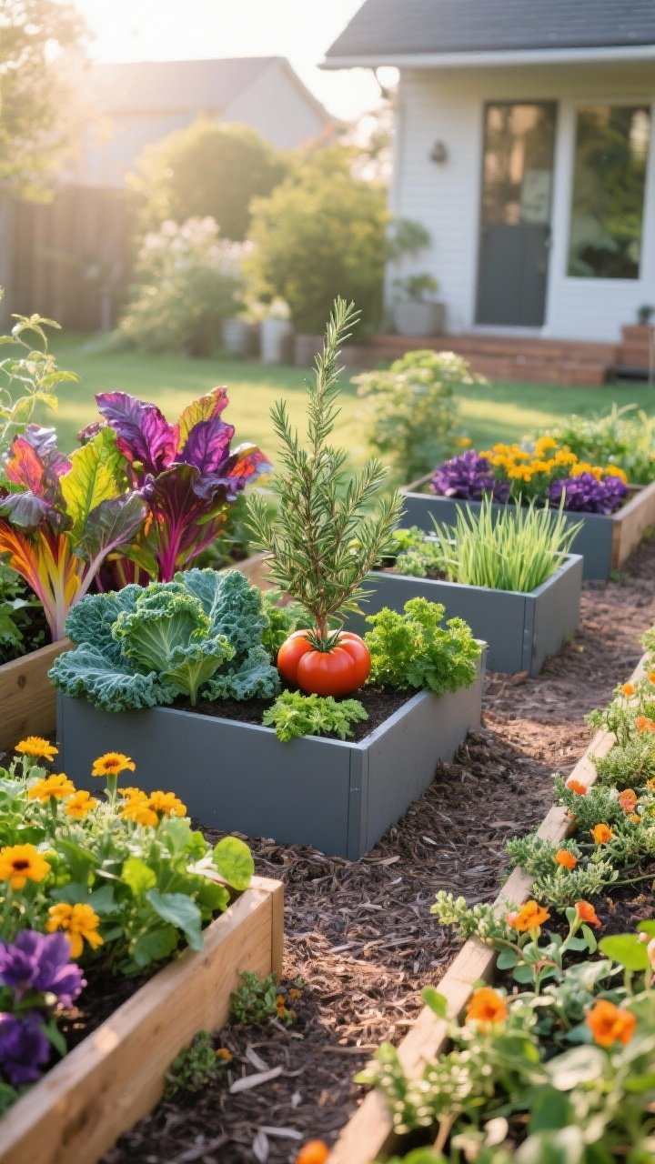 Wide shot: A charming kitchen garden with two raised beds and modular planters arranged neatly. Central focal point of a dwarf tomato or upright rosemary, surrounded by curly kale, chives, parsley, marigolds for pest control. Edges planted with trailing nasturtiums and creeping thyme. Mulched paths, simple wooden border, morning light. Emphasize colorful edible mix—rainbow chard and purple basil for visual pop—and a tidy, photogenic layout.