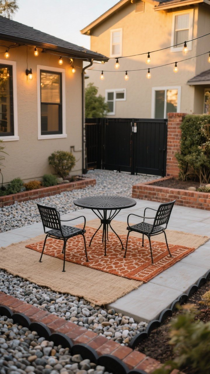 Wide shot: A chic gravel patio weekend makeover in a small backyard, framed with clean black metal landscape edging and brick accents, warm-toned pea gravel/decomposed granite compacted smooth, two layered outdoor rugs (large neutral jute-look base with a smaller patterned terracotta accent rug) under a black metal bistro set, warm 2700K string lights overhead, cohesive gravel color matching a warm beige house exterior, evening golden-hour glow, no people, photorealistic.