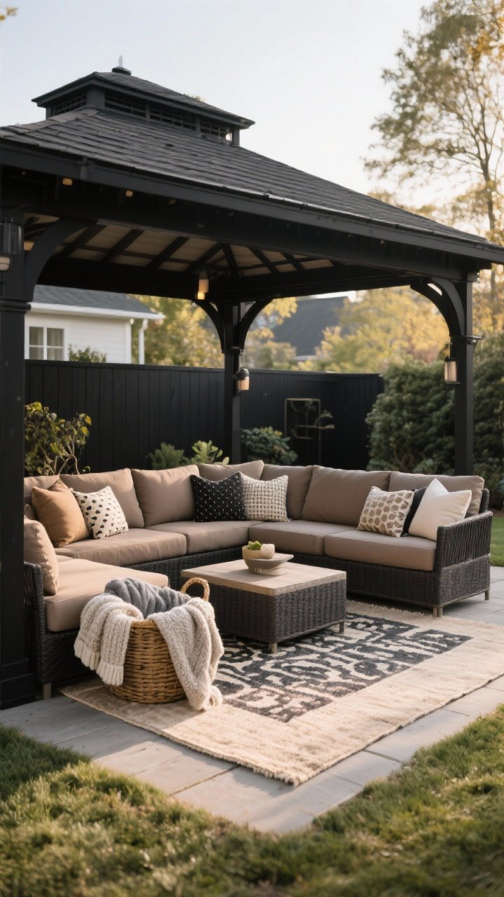 Wide shot: A cozy backyard gazebo styled like an outdoor living room, featuring deep-seated outdoor sectional with weather-resistant cushions in earthy taupe and charcoal, layered rugs with a large neutral outdoor rug topped by a smaller patterned one, a basket of fleece and quick-dry knit blankets, and mixed throw pillows in solids and small-scale prints; simple palette of two main colors with a black/charcoal accent, soft late-afternoon natural light, no people, photorealistic.