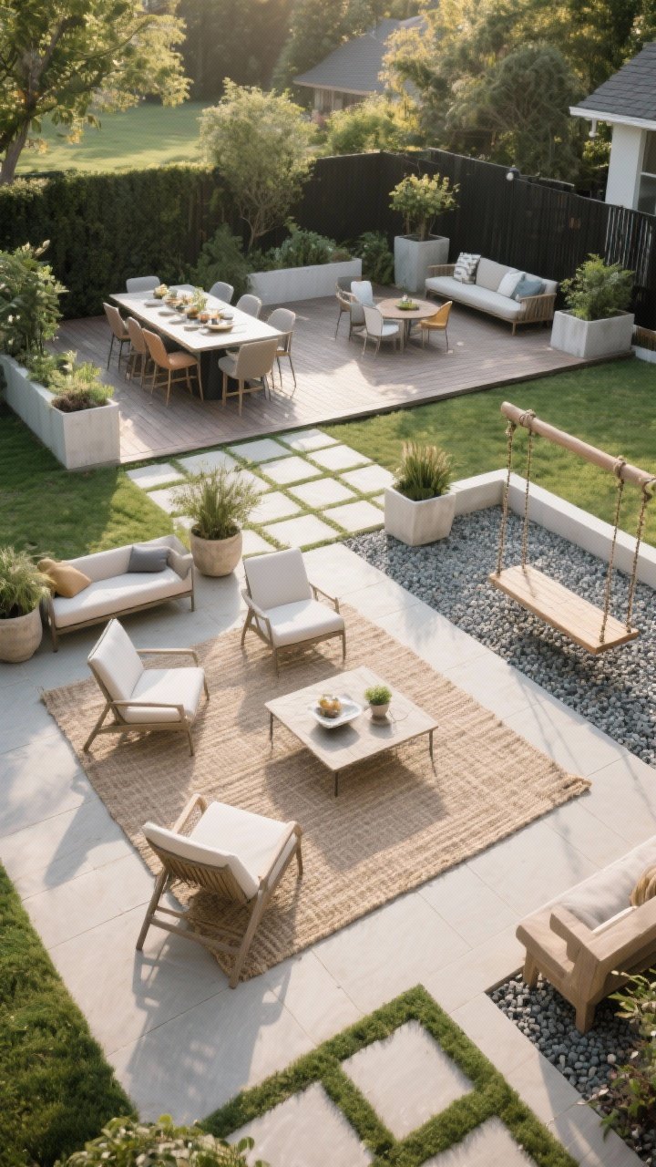 Wide shot: A designer-planned backyard with three distinct zones mapped out—lounge area anchored by a neutral woven outdoor rug with angled lounge chairs around a low coffee table, dining area on square decking tiles with a rectangular table and mixed dining chairs, and a cozy chat corner on a pea gravel pad with a bench swing; large planters and backless benches act as soft dividers; furniture slightly angled rather than aligned, soft late-afternoon natural light, photorealistic.