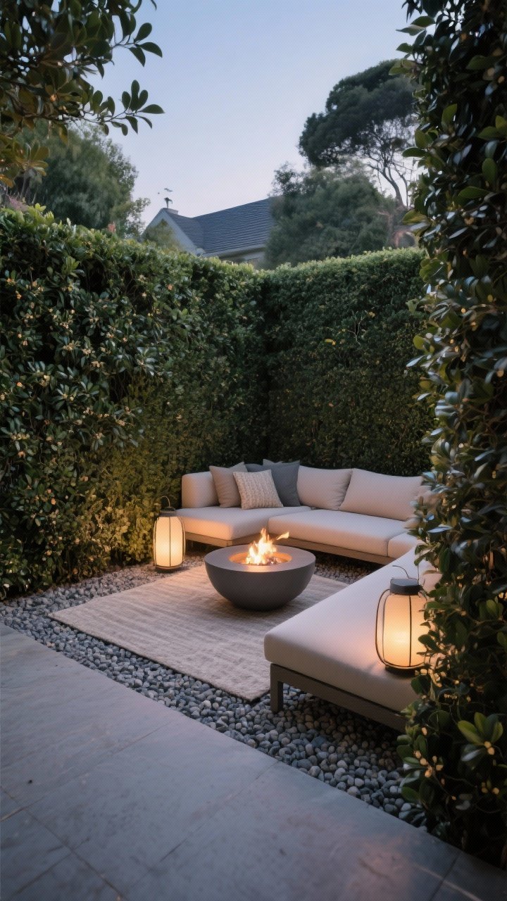 Wide shot: A hedged nook forming a private U-shaped lounge—dense laurel and pittosporum hedges on three sides enclosing a zone defined by pea gravel; low outdoor sofa, a neutral outdoor rug, and a modern fire bowl at center; cozy, intimate feel with soft, low lighting from lanterns at dusk; photorealistic, corner angle to convey the secret lounge layout.