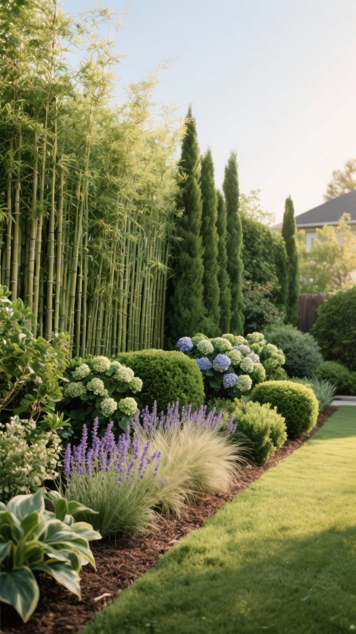 Wide shot: A lush backyard border designed with layered greenery—tall clumping bamboo and Italian cypress forming the vertical screen, a mid layer of boxwood, viburnum, and hydrangea for fullness, and a low layer of lavender, hosta, and feather reed grass along a mulched edge; mix of evergreen and flowering shrubs for year-round coverage; warm late-afternoon natural light, no people, photorealistic, straight-on view highlighting the intentional, verdant privacy barrier.