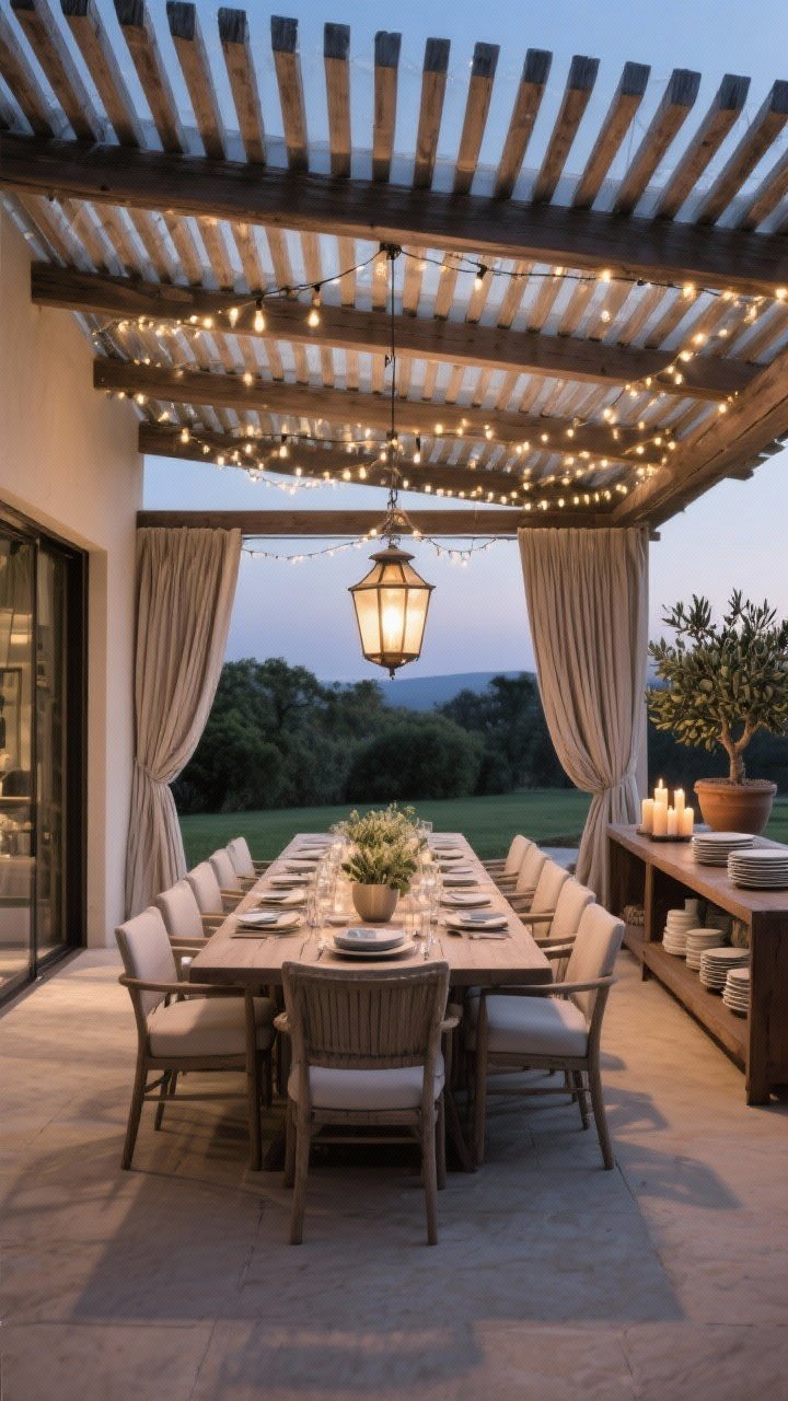 Wide shot — A pergola dining pavilion sized for a long rectangular table with chairs and generous 3-foot circulation all around; close-slatted roof for glare control, a statement lantern centered above the table on a dimmer, string lights subtly draped for ambience; a buffet console against one side with outdoor-safe dinnerware, candles, and a potted olive tree; weighted curtain panels at the corners ready to block wind, twilight mood, straight-on composition, photorealistic