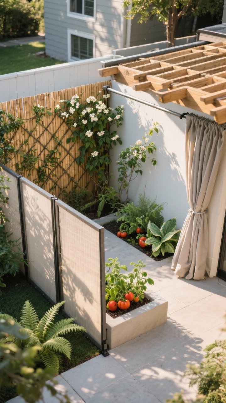 Wide shot: A small backyard corner transformed with portable screens, photographed from an overhead-diagonal angle in late afternoon light. A bamboo panel casts dappled shade; a trellis wall supports jasmine vines; weatherproof outdoor curtains on a tension rod gently block wind along a pergola edge. Heat lovers like basil and tomatoes bask near a sun-warmed south-facing wall; ferns and hostas relax in softened light behind screens. Chic, calm, microclimate zones with varied sun and wind protection.