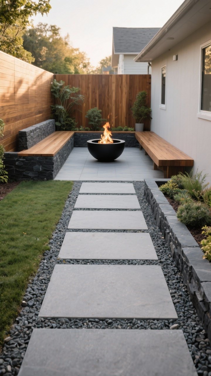 Wide shot: A small backyard with a crisp-edged diagonal path of slim gray pavers set in gravel leading the eye to a striking matte black fire bowl focal point at the far end; repeated materials in warm teak and charcoal stone unify a compact bench and low border edging; clean borders and tidy planting beds frame the path; soft late-afternoon natural light, no people, photorealistic, straight-on perspective emphasizing a strong sightline and intentional layout.