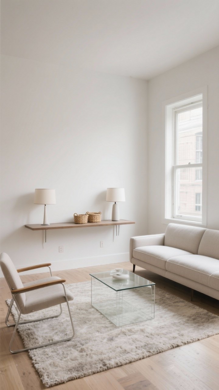 Wide shot: A small living room with a floating slim-arm sofa pulled a few inches off the wall, front legs anchored on a properly sized neutral rug; open-base lounge chairs and a glass or acrylic coffee table keep sight lines open. Include a narrow console table behind the sofa with a pair of lamps and small storage baskets. Ensure 30–36 inches of visible walk space in main pathways (with one tighter 24-inch pass), creating distinct zones. Natural daylight, clean, airy mood, no people, photorealistic.