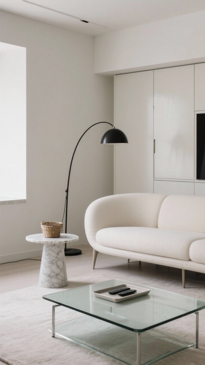 Wide shot: A small modern living room edited to the essentials, showcasing one bold sculptural focal point—a curved off-white sofa with slim legs and a low profile—paired with a single striking black arc floor lamp and a compact round marble side table. Keep the media wall minimal and quiet in the background with closed cabinets and a remote basket on a sleek tray. Use a light, airy palette; a glass coffee table with an open base maintains sight lines. Straight-on perspective, natural daylight, minimal decor, clear surfaces, no competing focal points; the room feels larger and intentional.