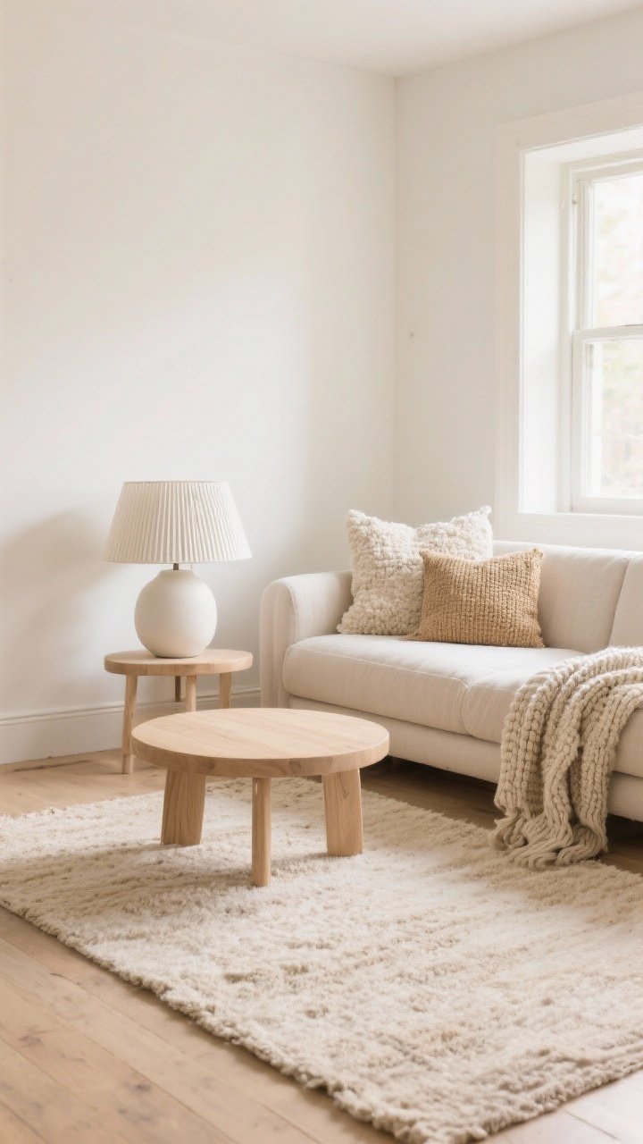 Wide shot: A small serene living room in layered warm neutrals, shot straight-on. Creamy white walls with an oatmeal-toned large rug close to the wall color, a petite linen sofa floated slightly off the wall, boucle pillows and a chunky knit throw, a pale oak coffee table, and a matte off-white ribbed ceramic lamp. Include soft wood tones, off-whites, and gentle contrast only; mix textures (linen, boucle, jute look, ribbed ceramic). Bright but soft natural daylight for an airy, calm mood, no heavy patterns, photorealistic.