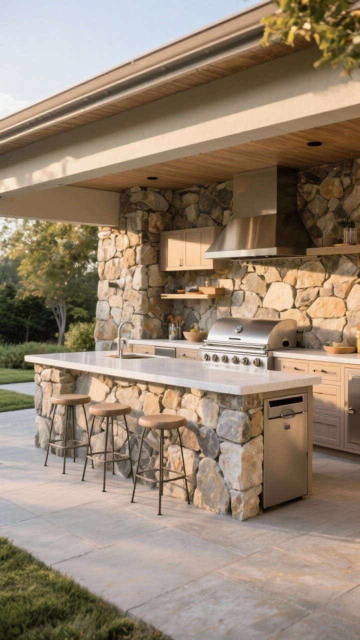 Wide shot: A stone-clad outdoor kitchen island as the central hub on a patio, wrapped in natural stacked stone with a porcelain waterfall-edge counter that extends 14 inches for bar seating; integrated stainless grill, marine-grade plywood structure, soft-close drawers, and a pull-out trash cabinet hidden behind stone panels; three backless stools tucked under the overhang; warm late-afternoon sunlight emphasizing stone texture; clean, polished look, no people.
