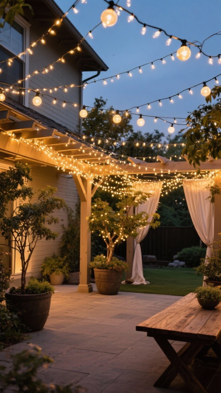 Wide shot: A twilight backyard patio with layered string lights crisscrossed overhead between a house fascia, pergola beams, and posts set in large planters; mix of tiny warm white fairy strands and larger warm 2700–3000K globe bulbs reflecting softly off leafy trees and a wooden tabletop; shatterproof, weatherproof black-cord strands; cozy golden ambiance with intentional draping and purposeful crisscross pattern; angle from a corner to capture depth and glow without people.