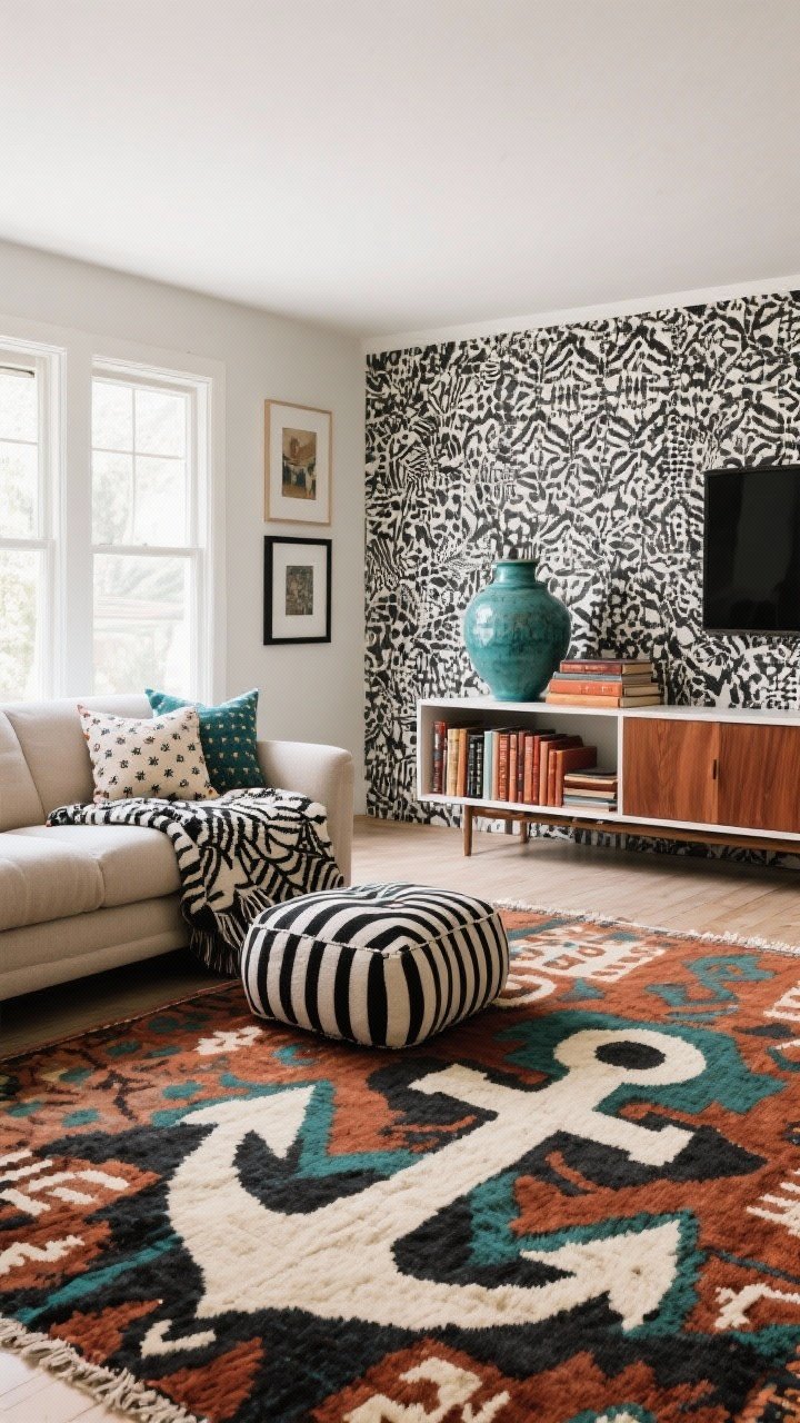 Wide shot — An eclectic boho living room centered on a bold anchor pattern rug with rust, teal, cream, and charcoal palette; layer a medium-scale patterned throw on a neutral sofa and tiny-print pillows in coordinating colors; include black-and-white patterned foundation elements like a striped ottoman and a monochrome wallpaper accent behind a credenza; repeat colors subtly via teal ceramic vase, rust-toned book spines, and charcoal picture frame; natural daylight filtering in, straight-on view, curated not chaotic, no people, photorealistic.