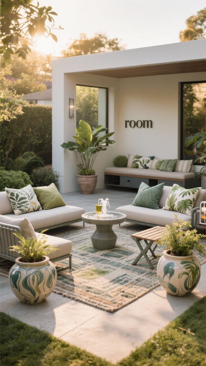 Wide shot: An outdoor “room” styled for lounging with an outdoor rug, weatherproof pillows echoing plant hues, and two statement ceramic planters framing the space. Include one hero focal point—a small modern fountain—and a folding potting bench repurposed as a drink station. Use UV-safe fabrics and powder-coated metal accents; hidden storage bench in the background. Warm late-afternoon light, inviting and finished.