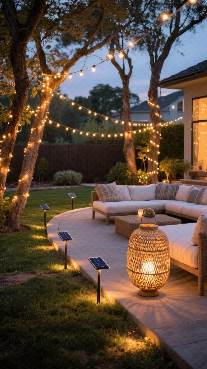 Wide shot at dusk: A backyard lounge with layered warm lighting—2700K string lights draped between trees, solar path stakes lining a curved bed edge, and a woven statement lantern glowing beside a seating area. Include soft shadows that hide yard imperfections, with warm color temperature throughout. Straight-on view capturing overall ambiance and the interplay of twinkle, ground-level glow, and one dramatic lantern focal point.