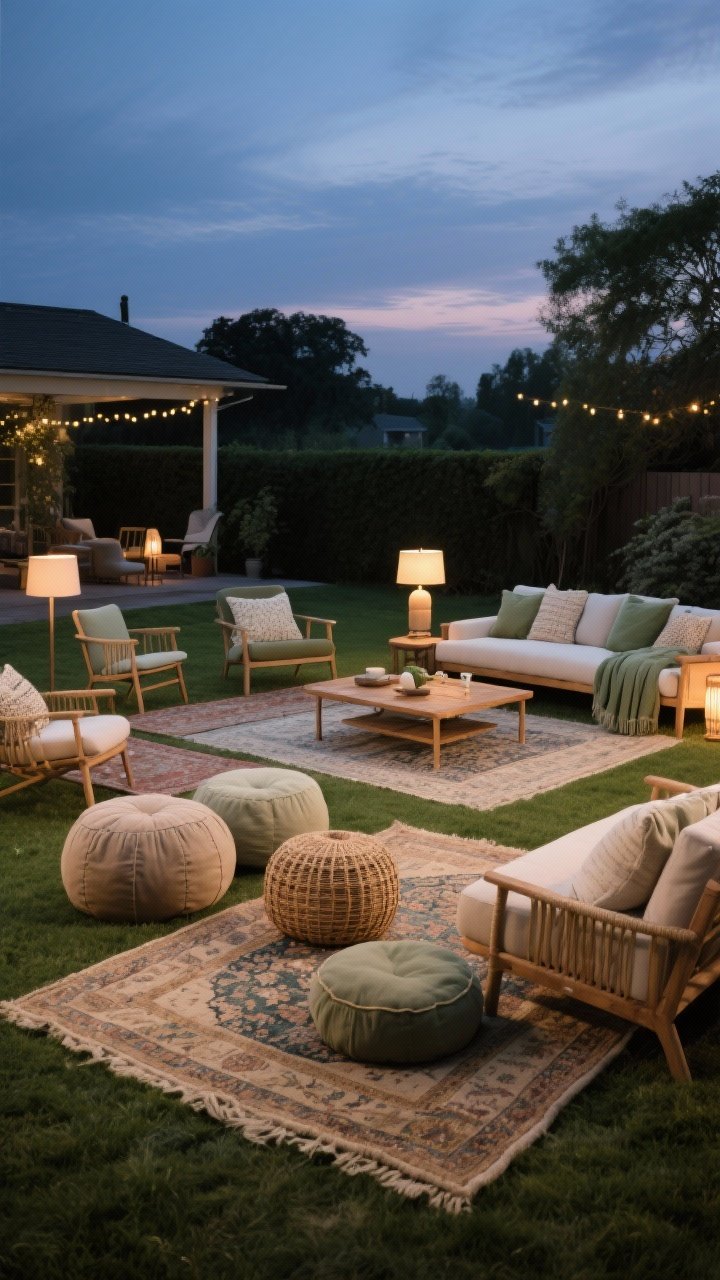 Wide shot at dusk of a backyard “living room” under the sky: layered overlapping rugs (jute base, vintage Persian, and flatweave) defining lounge zones on grass; low seating with poufs, ottomans, and floor cushions around mixed wood-and-rattan coffee tables; mismatched chairs in cohesive palette of neutrals with a single accent color (choose sage); soft throws and textured pillows; battery-powered floor lamps providing warm living-room glow; twinkle of subtle ambient light; no people, photorealistic, straight-on angle.