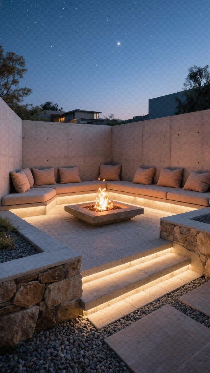 Wide shot at dusk of a sunken fire pit lounge set a few steps below grade, lined with smooth concrete walls and stone accents, built-in bench seating with moisture-shedding performance fabric cushions in warm neutrals, LED step lights casting a soft glow on each riser, gravel and paver base for drainage, steady flames sheltered from wind, intimate acoustics, no people, photorealistic boutique-hotel vibe under a starry sky.