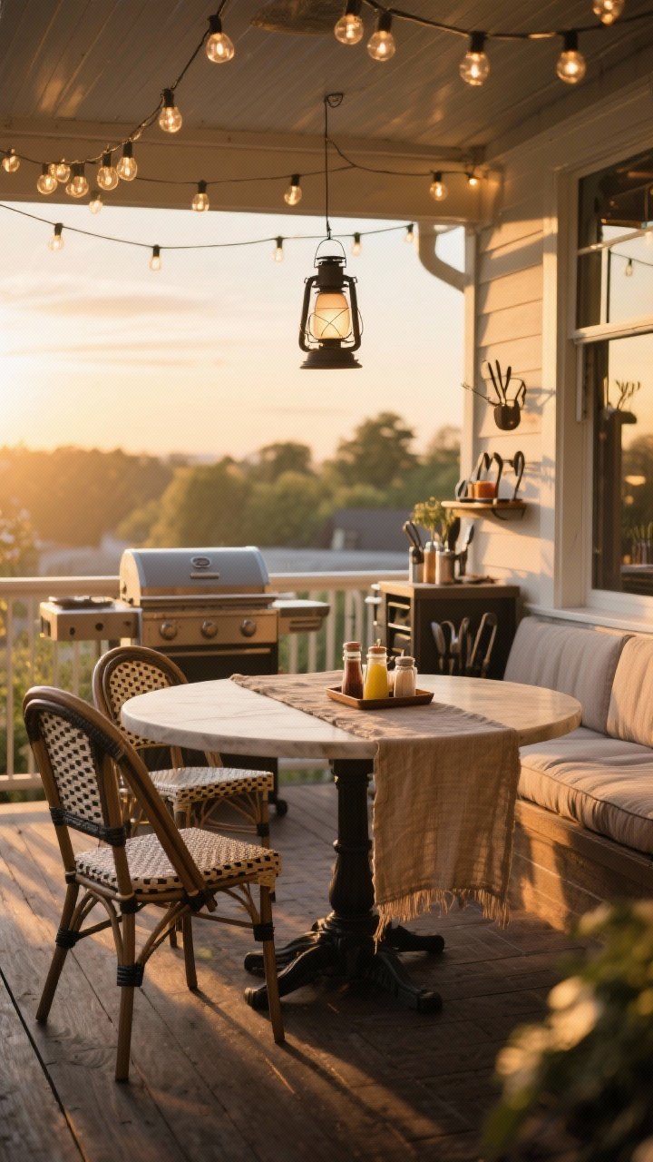Wide shot at golden hour: A bistro-style dining zone on the deck—round table to keep flow open, paired with café chairs and a cushioned bench; a natural drop cloth table runner or outdoor linen adds texture; string lights draped overhead with a single lantern centered above the table for atmosphere. A compact grill prep cart nearby with hooks holding tools and a tray of condiments. Inviting, intimate restaurant vibe outdoors, photorealistic.