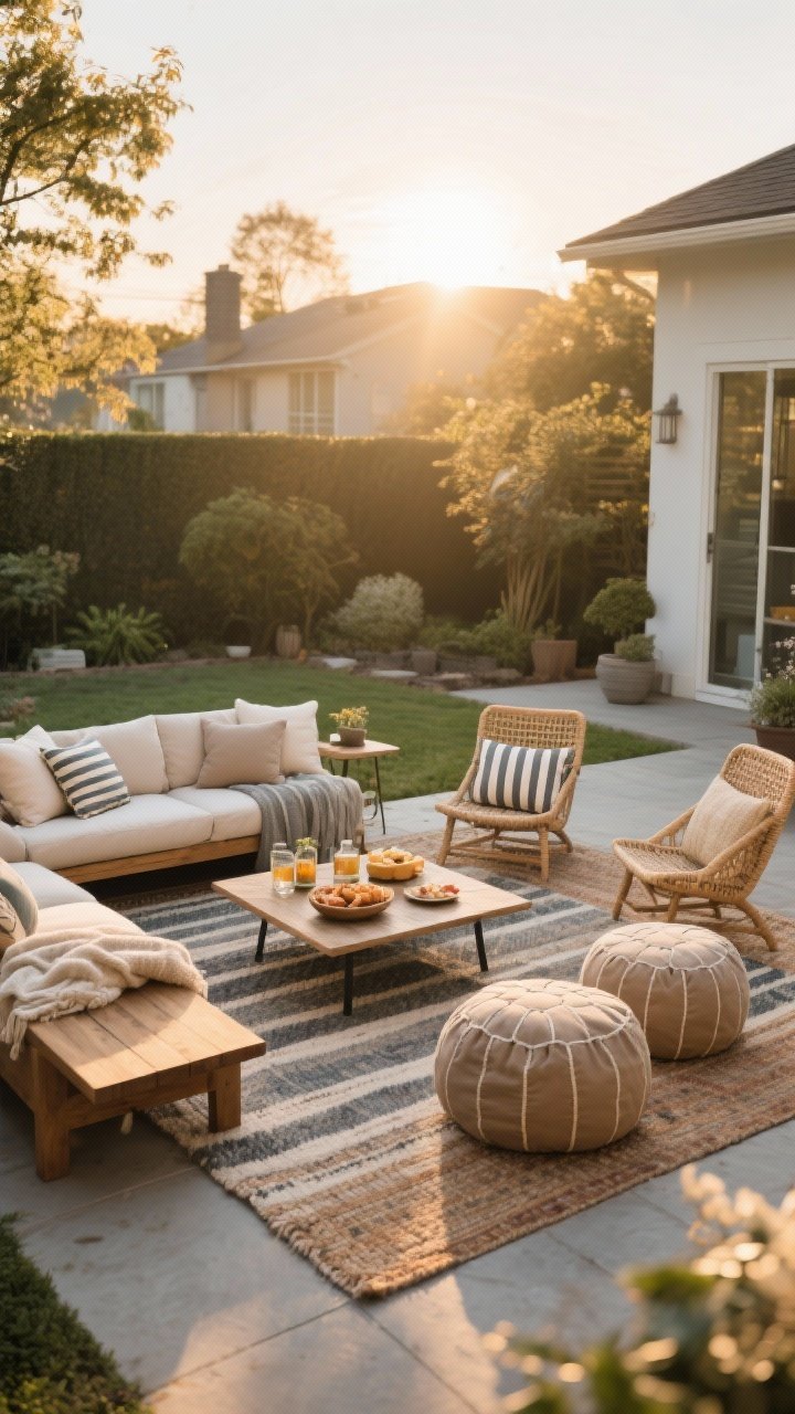 Wide shot at golden hour of a cozy “outdoor living room” zone on a backyard patio: layered outdoor rugs defining the space, mixed seating with a wooden bench, woven lounge chairs, and two poufs angled slightly inward around a low coffee table with snacks and drinks; washable striped and solid throw pillows and blankets in soft neutrals and subtle color accents; warm, soft natural light creating an inviting conversation area, no people.