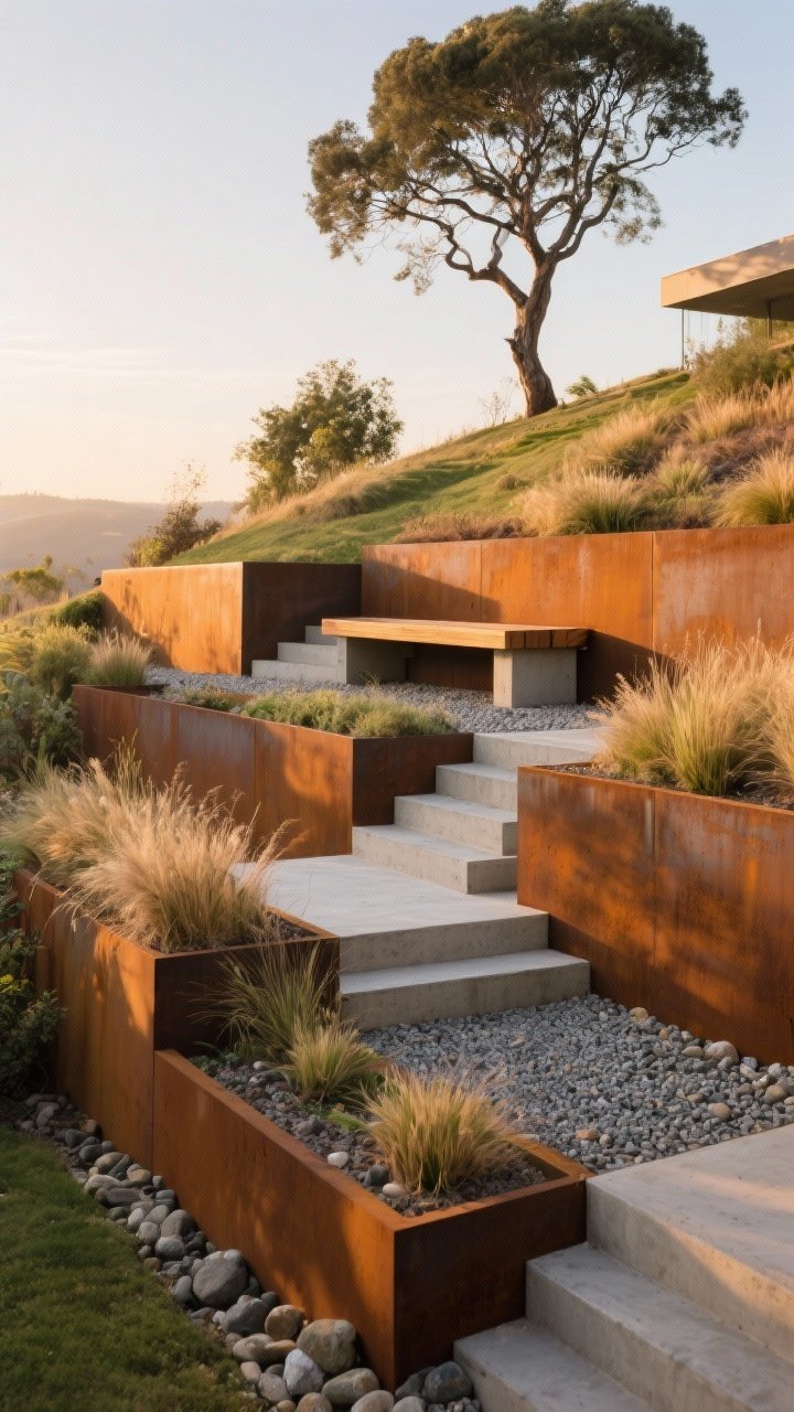 Wide shot at golden hour of a sloped backyard transformed with multiple terraced levels: corten steel retaining walls forming raised planters, native grasses and a sculptural tree on the highest tier, floating concrete steps linking tiers over fine gravel, and a built-in timber bench integrated into a retaining wall; textures include rusted steel, smooth concrete, and river rock mulch, with soft warm light emphasizing depth and shadow for instant drama.