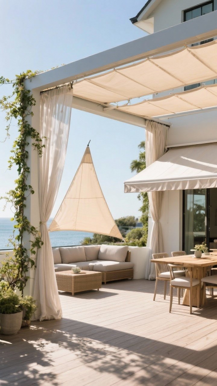 Wide shot, bright but softened midday sun: A stylish shade-forward deck featuring a modern pergola with airy sheer curtains drifting at the sides, climbing vines beginning to train up the posts; a triangular sail shade stretches over an adjacent seating corner for an angular, modern look; a retractable awning partially extended over a dining nook for sun control. The scene layers shade elements to feel like a breezy cabana. Subtle shadows, crisp lines, photorealistic.