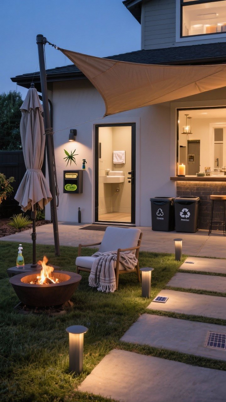 Wide shot capturing comfort-first hosting details near the house entry and yard: a discreet bug-defense station with citronella and a hidden spray bottle by the door, shade sail overhead with umbrellas nearby, throws folded on a chair beside a small fire pit, clearly labeled trash and recycling bins tucked near the bar, a powder room door ajar with a candle and hand towels visible, and safe solar path lights marking a clear, cord-free walkway; evening, cozy lighting.