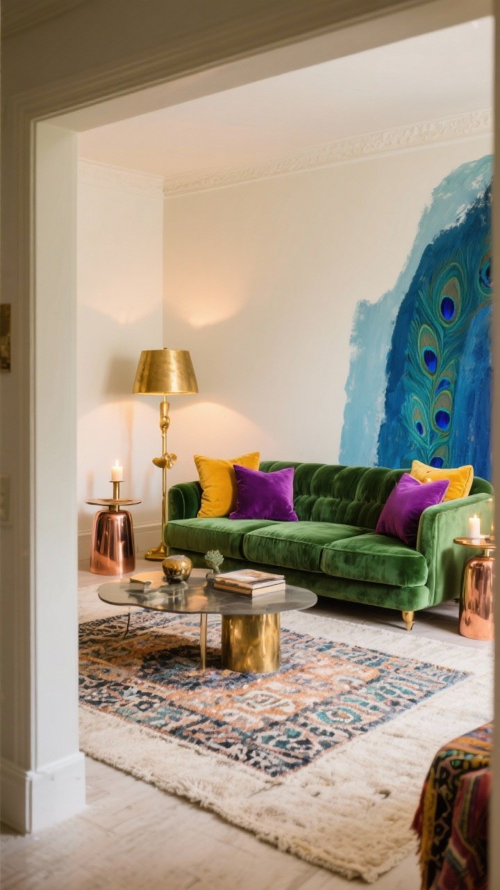 Wide shot — Color-forward boho living room balancing neutrals and jewel tones: cream walls and light neutral rug form a calm base; a statement moss-green velvet sofa with mixed metal accents (brass and copper) on side tables and lighting; bold saffron and amethyst pillows, patterned rug layered under the coffee table, and a peacock blue painted accent wall partially visible; warm lighting from a brass floor lamp and candle glow that ties mixed colors together; photographed from a doorway angle, inviting and dramatic, photorealistic.