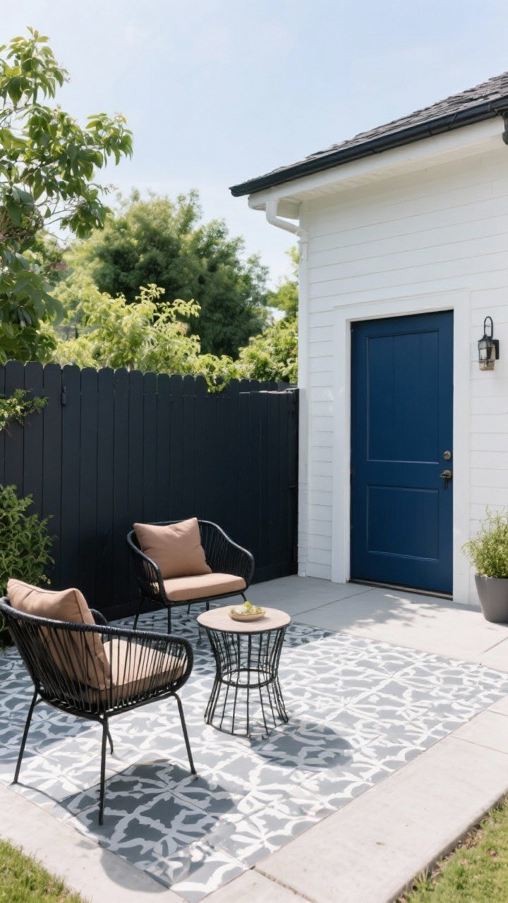 Wide shot: Dramatic color refresh featuring a deep charcoal painted fence that makes surrounding greenery pop; a stenciled concrete patio in a bold tiled pattern in soft gray and white; refurbished metal chairs sprayed matte black with new warm taupe cushions; visual link to a nearby inky blue backyard door for coherence; bright daylight, photorealistic.