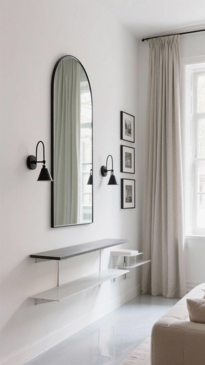 Wide shot from a low corner angle: A small living room emphasizing verticality—wall-mounted matte black swing-arm sconces flanking a slim floating console, a tall arched mirror reflecting light, and a vertical gallery of three stacked frames hung higher than usual. Curtains mounted near the ceiling and extended wider than the window elongate the height. Floors are clear; shelves are floating and minimal. Bright natural light enhanced by the mirror; modern, airy mood with strong vertical lines and no floor lamps or bulky storage.