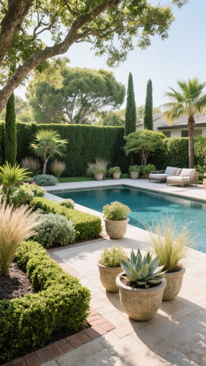 Wide shot from a low corner perspective: Lush, privacy-focused landscaping around pool and patio—layered heights with canopy trees, mid-level shrubs, and groundcovers softening paver edges; evergreen backbone like boxwood or Italian cypress providing structure; low-litter choices near water such as palms, agaves, and ornamental grasses; repeated container planters in the same style and varied sizes tying seating zones to the pool; bright daylight.