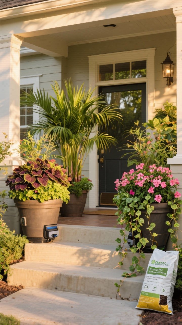 Wide shot: Front porch entry styled with dramatic container gardening using the thriller–filler–spiller formula. Two large self-watering planters flank the steps: dracaena as the thriller, mounding coleus and geraniums as fillers, and trailing sweet potato vine and bacopa spilling over. Use potting mix with moisture-control labels visible on a nearby bag. Golden hour light emphasizing lush foliage, curated and seasonal feel.