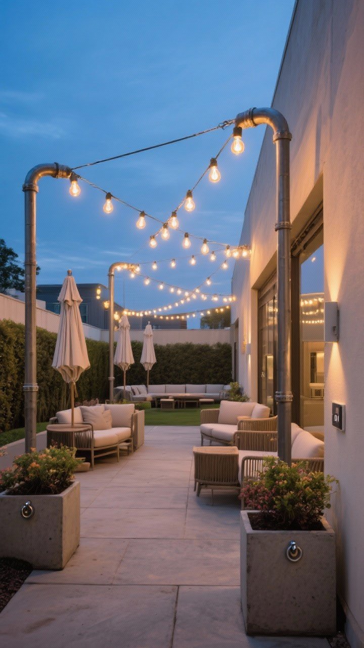 Wide shot: Hotel courtyard energy with carefully hung warm 2700K Edison-style string lights in a zigzag pattern; metal conduit poles set in concrete umbrella stands/planters with eye hooks at the tops; intentional angles creating an inviting canopy over a seating area; all outdoor-rated components; controlled via a smart plug on the wall; blue-hour scene, photorealistic.